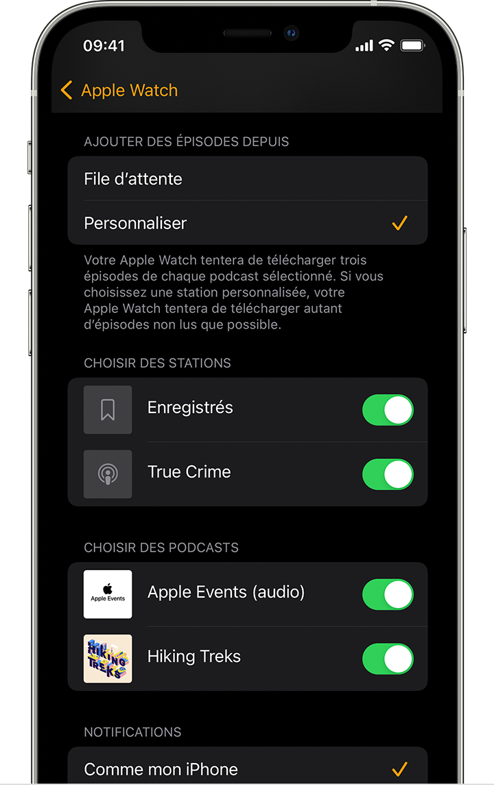 L’app Apple Watch sur l’iPhone affiche les podcasts et les stations.