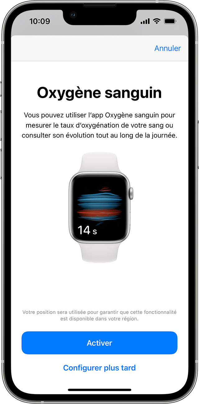 iPhone affichant l’écran de configuration initial de l’app Oxygène sanguin