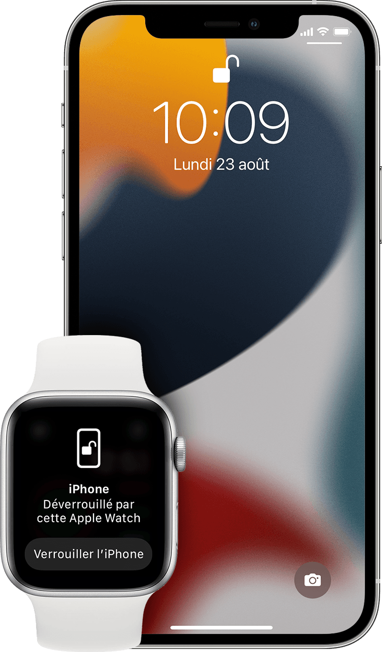 iPhone et Apple Watch affichant des écrans relatifs au déverrouillage