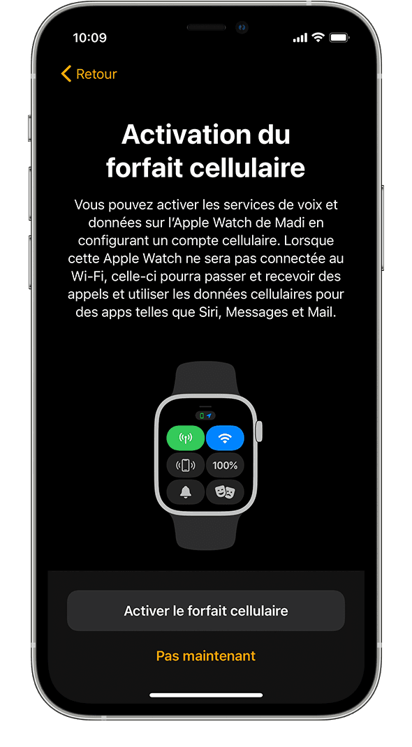 Écran de configuration de la connexion mobile lors de la configuration de l’Apple Watch sur un iPhone.