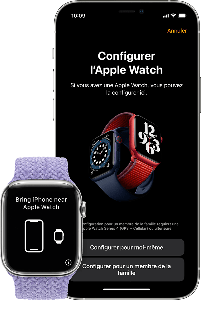 Écran de configuration initiale pour jumeler une nouvelle montre sur un iPhone et une Apple Watch.