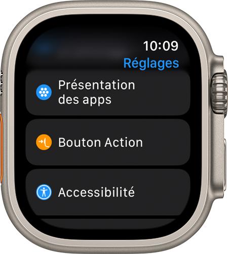 Apple Watch Ultra affichant l’app Réglages