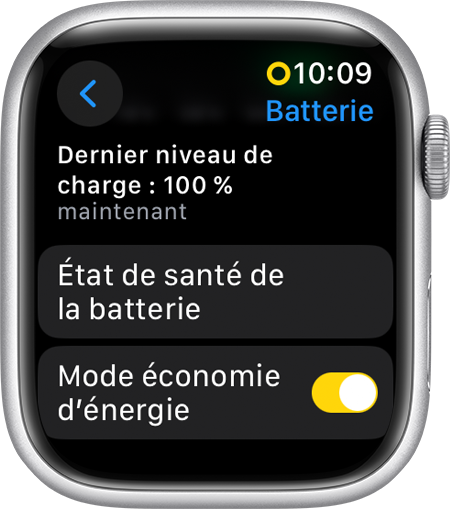 Apple Watch affichant le mode économie d’énergie dans Réglages