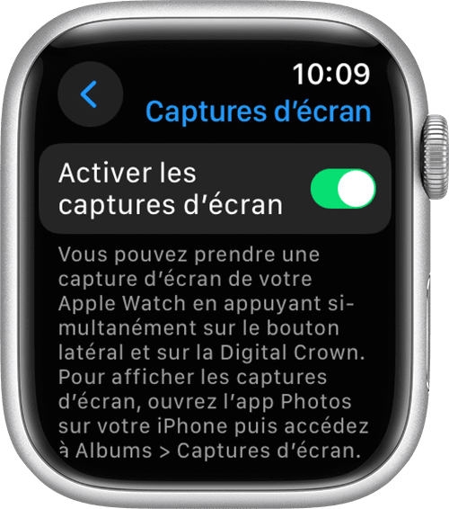 Option Activer les captures d’écran dans l'app Réglages sur l'Apple Watch