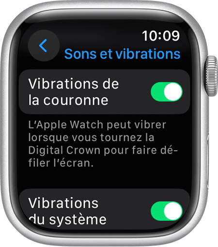 Apple Watch affichant les options Vibrations de la couronne et Vibrations du système dans l’écran Sons et vibrations des réglages