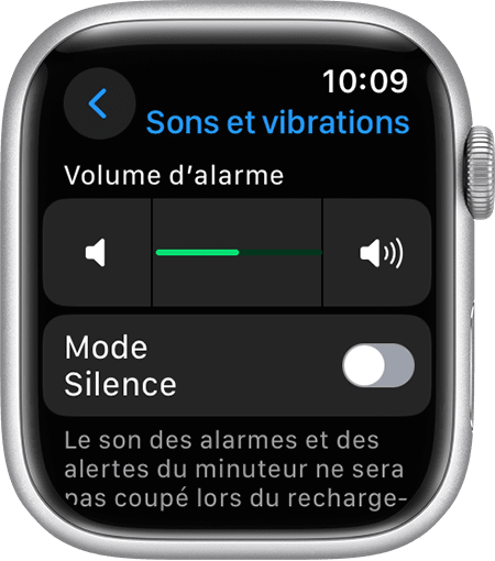 Apple Watch affichant l’écran Sons et vibrations dans Réglages