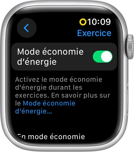 Apple Watch affichant le mode économie d’énergie dans les réglages de l’app Exercice