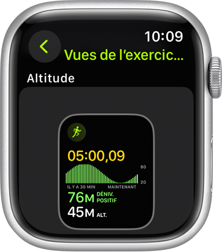 Une Apple Watch qui affiche la mesure Altitude pendant une séance de course à pied.