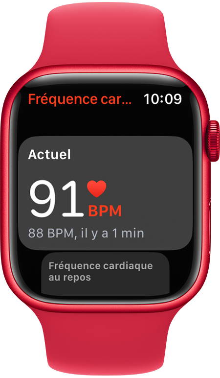App Fréquence cardiaque montrant une fréquence actuelle de 91 BPM