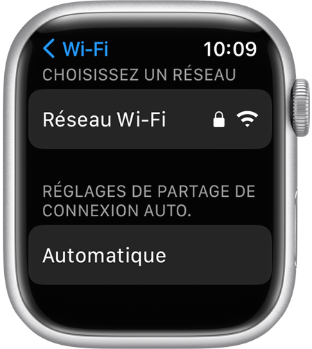 Écran des réglages Wi-Fi de l'Apple Watch affichant l'option Réglages de partage de connexion automatique