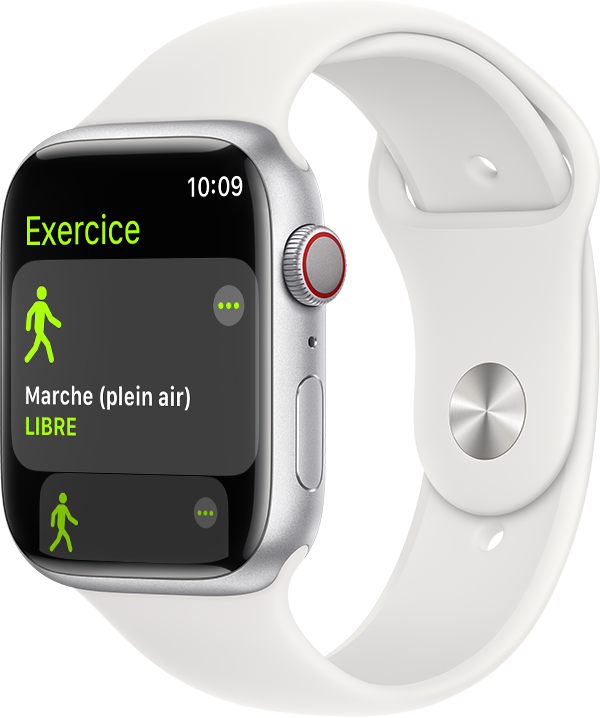 Exercice de type Marche (plein air) sur Apple Watch avec un bracelet blanc.