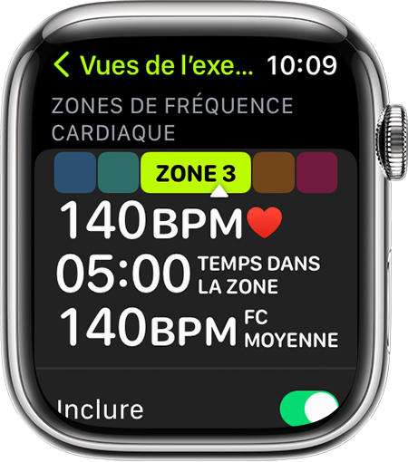 Une Apple Watch qui affiche la mesure Zones de fréquence cardiaque pendant une séance de course à pied.