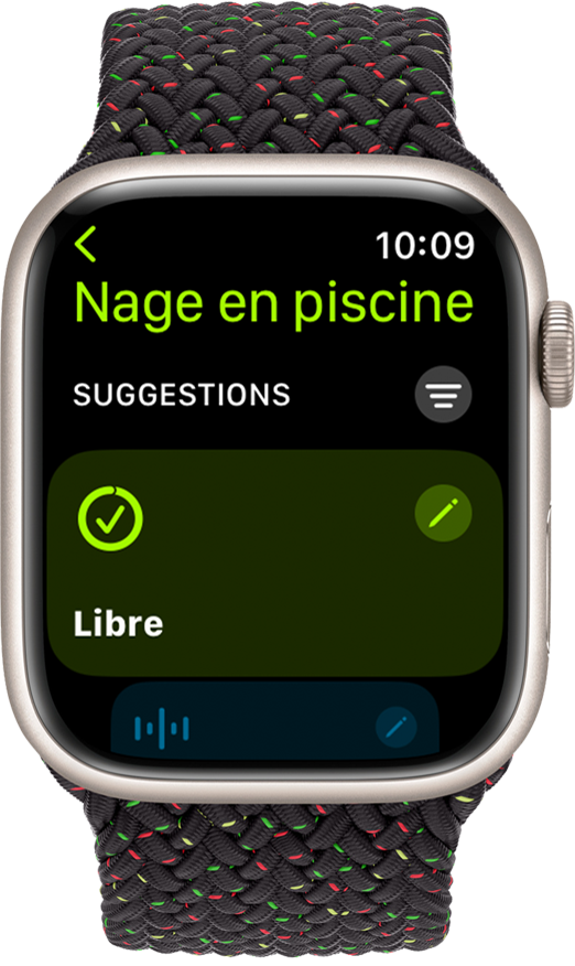 Les options d’objectif pour un exercice Nage en piscine sur l’Apple Watch.