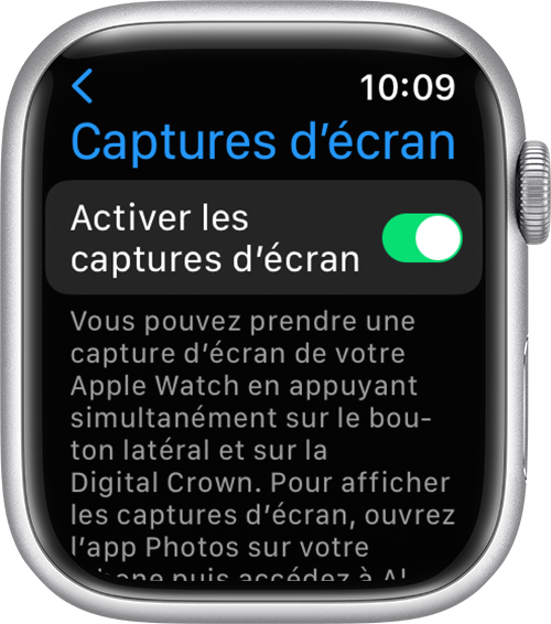 Option Activer les captures d’écran dans l'app Réglages sur l'Apple Watch