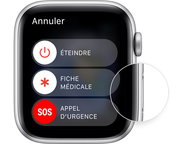 Apple Watch indiquant où se trouve le bouton latéral, ainsi que le curseur Éteindre.