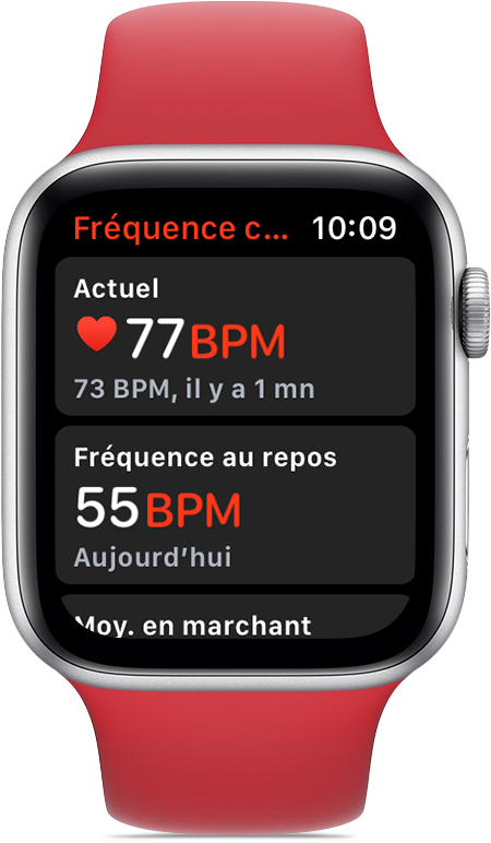 App Fréquence cardiaque affichant une mesure actuelle de 68 BPM et une fréquence au repos de 56 BPM 