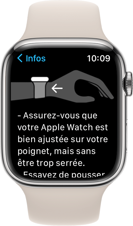 Capture d’écran de l’Apple Watch Series 7 montrant comment porter votre montre pour obtenir des résultats optimaux.