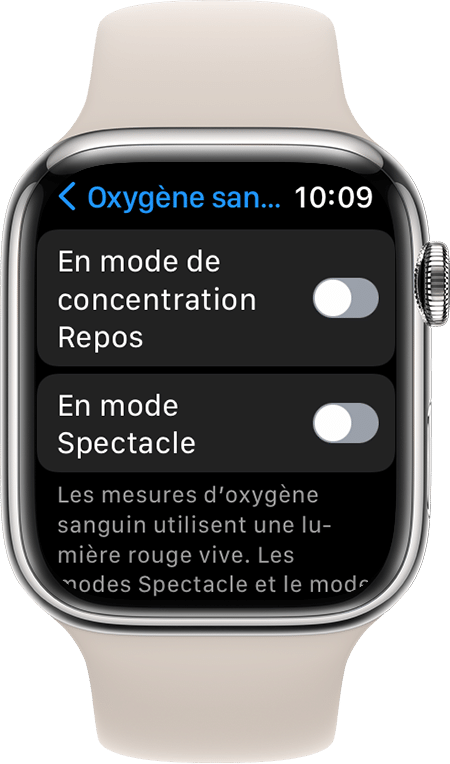 Capture d’écran des réglages de l’app Oxygène sanguin sur une Apple Watch Series 7