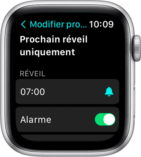Écran d’Apple Watch affichant les options de modification du prochain éveil uniquement