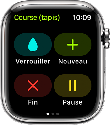 Les options Verrouiller, Nouveau, Fin et Pause pendant un entraînement Course en intérieur sur l’Apple Watch.