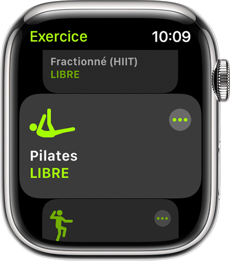 L’option d’exercice Pilates dans l’app Exercice sur l’Apple Watch.
