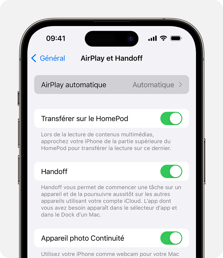 Automatique est sélectionné pour AirPlay automatique sur l’écran AirPlay et Handoff de l’iPhone