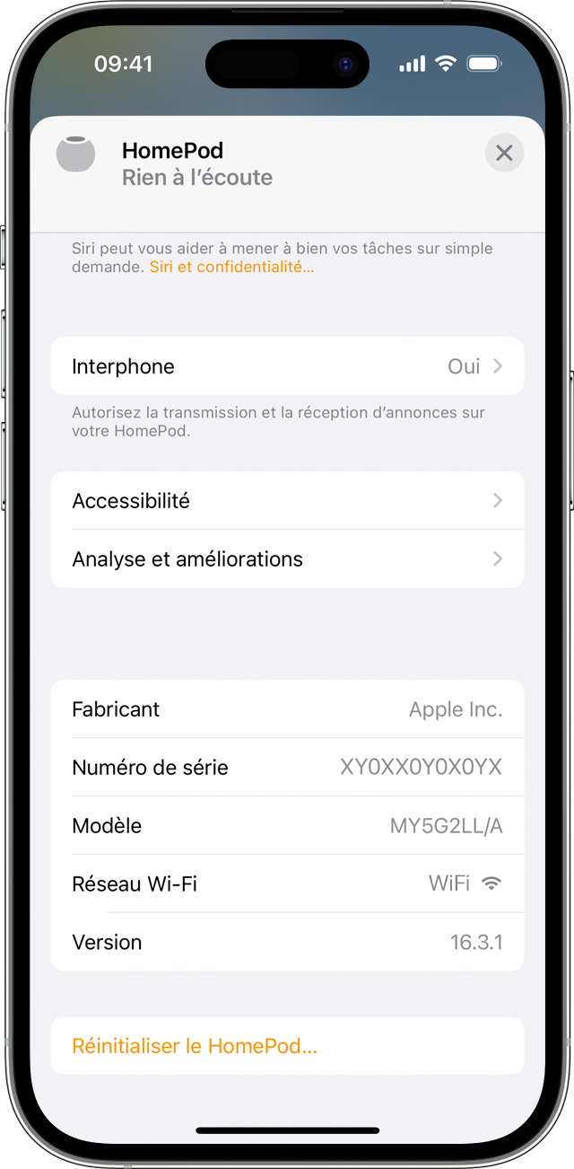 App Maison sur iPhone montrant l’emplacement du numéro de série dans les paramètres du HomePod