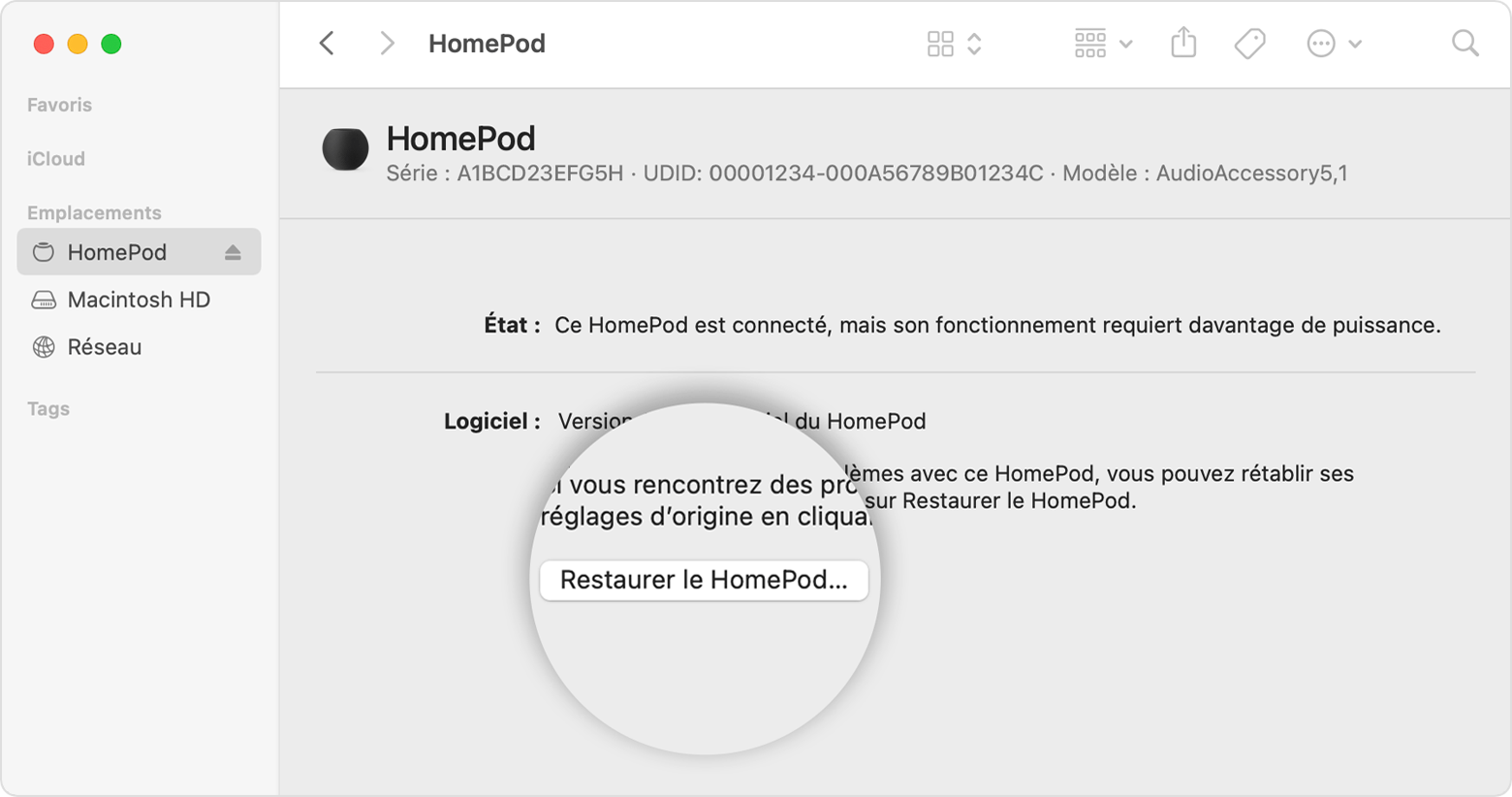 Option Restaurer le HomePod sur Mac