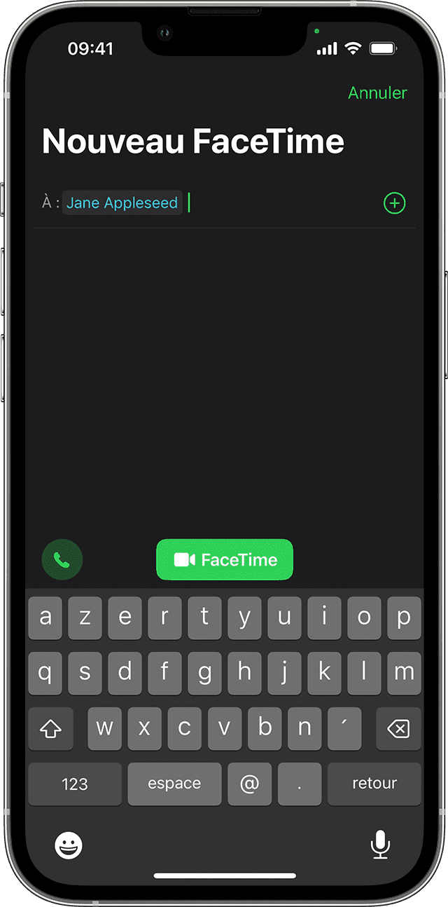 Un iPhone affichant l’app Téléphone lors d’un appel avec Jane Appleseed. Le bouton FaceTime se trouve sur la deuxième rangée d’icônes, au centre de l’écran.