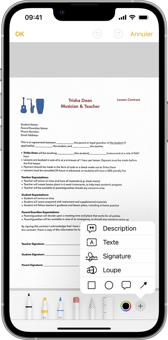 Dans Notes sur votre iPhone, vous pouvez signer un document scanné à l’aide de la fonctionnalité Annotation.