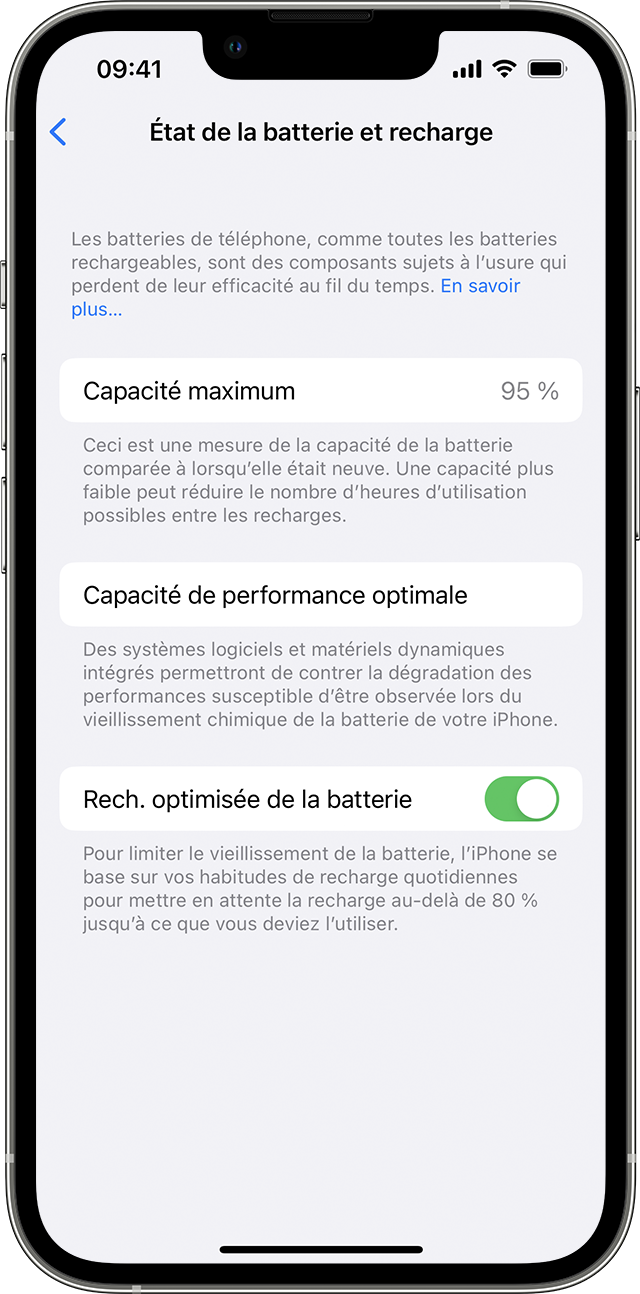 À propos de l'optimisation de la charge de la batterie sur l'iPhone -  Assistance Apple (FR)