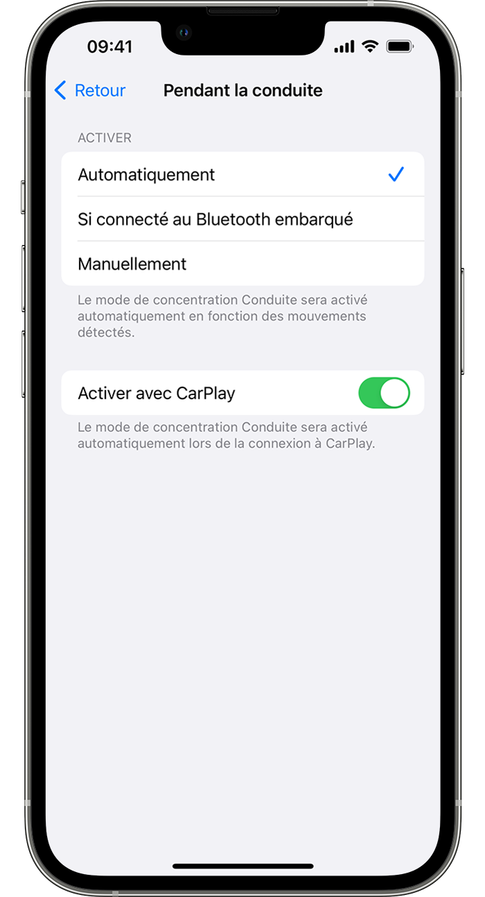 iPhone montrant comment activer le mode de concentration Conduite automatiquement