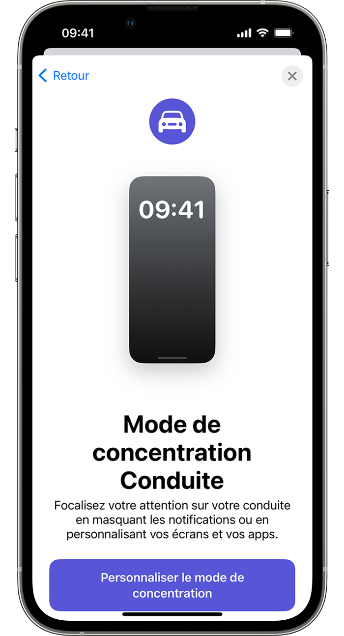 iPhone montrant comment configurer le mode de concentration Conduite