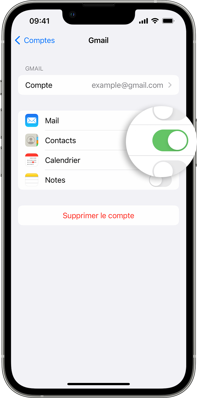 Écran d’iPhone montrant comment activer l’option Contacts pour votre compte Gmail