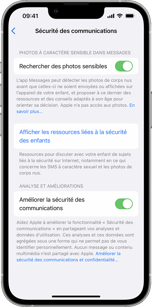 Options de sécurité des communications dans les réglages d’iOS 16.