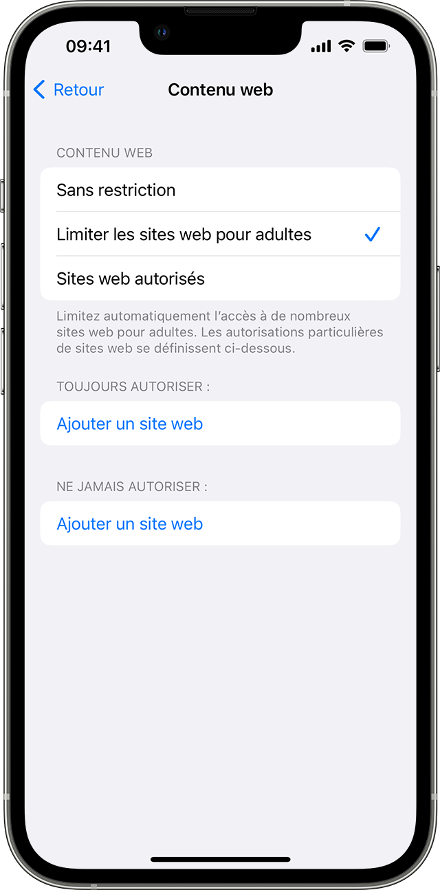 iPhone affichant l’écran Contenu web. Sous Contenu web, l’option Limiter les sites web pour adultes est sélectionnée et marquée d’une coche.
