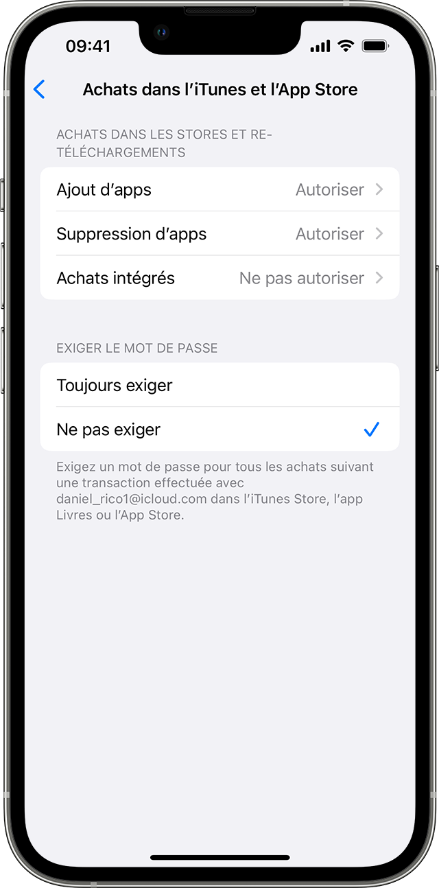 iPhone affichant l’écran des achats dans l’iTunes Store et l’App Store. Sous Exiger le mot de passe, l’option Ne pas exiger est sélectionnée et marquée d’une coche.