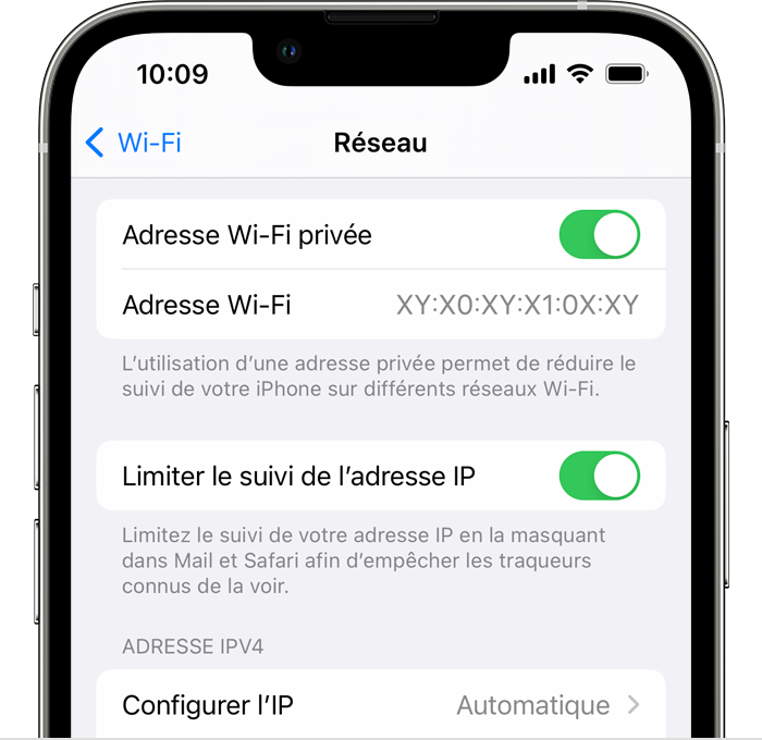 Sur l’iPhone, activez ou désactivez Adresse Wi-Fi privée dans l’app Réglages