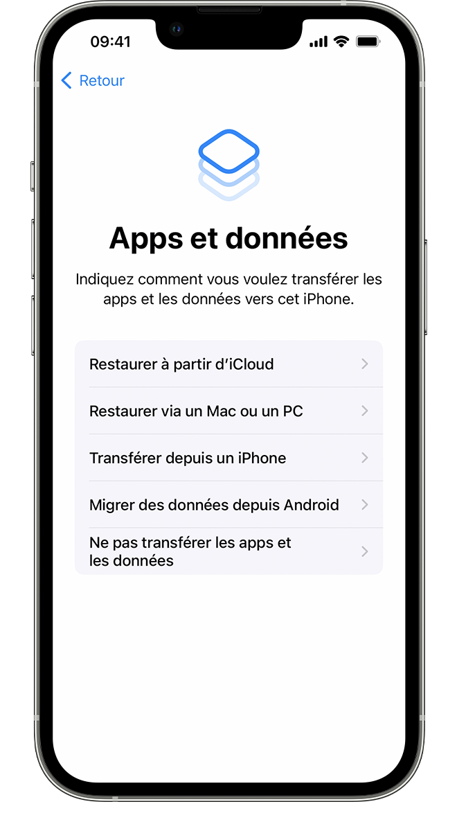 Nouvel iPhone affichant l’écran Apps et données, où vous pouvez sélectionner la façon dont vous souhaitez transférer vos données vers cet appareil.