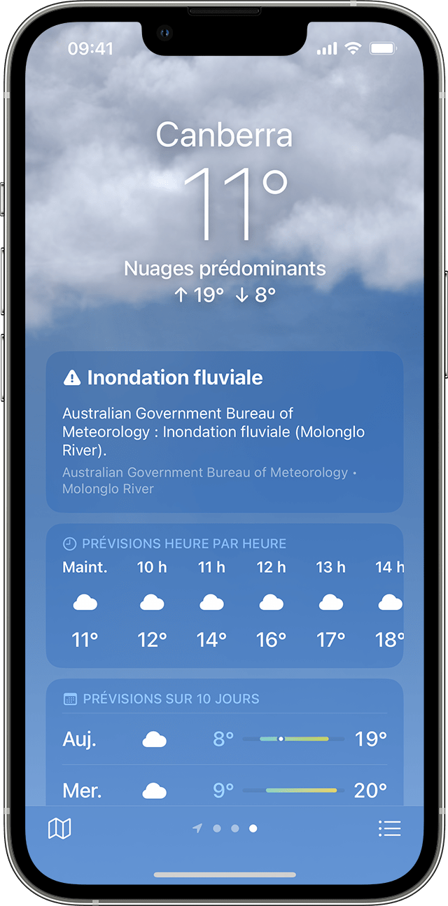 iPhone affichant des alertes météo importantes dans l’app Météo.