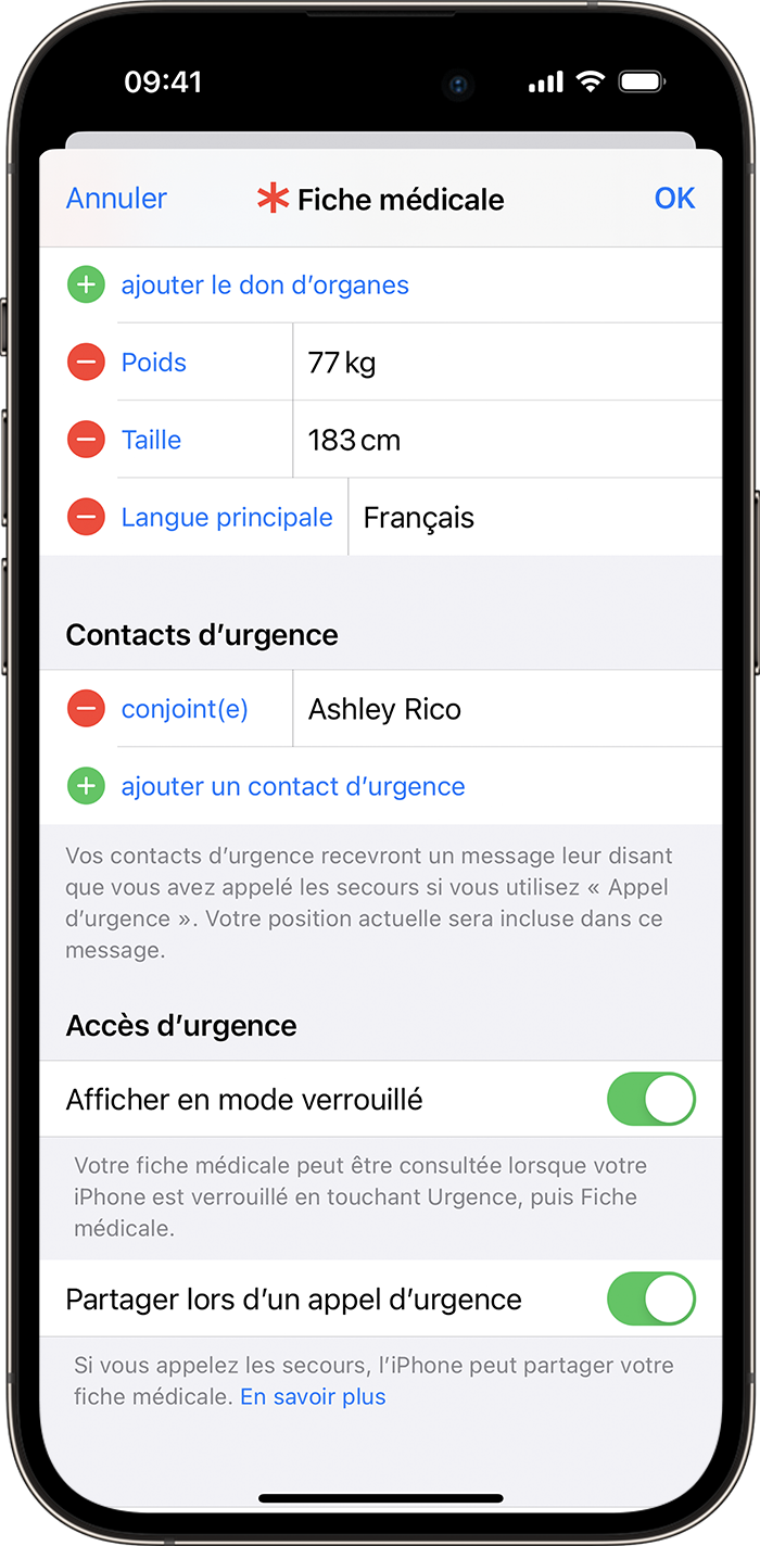 Dans l’app Santé, vous pouvez ajouter des contacts d’urgence à votre fiche médicale afin que votre téléphone puisse automatiquement contacter ces personnes en cas d’urgence.