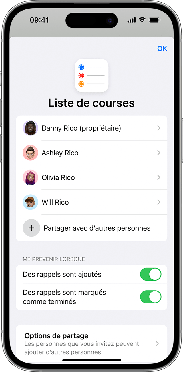Sur votre iPhone, vous pouvez partager une liste de rappels avec vos contacts, mais modifier les notifications automatiques via les options Gérer la liste partagée.