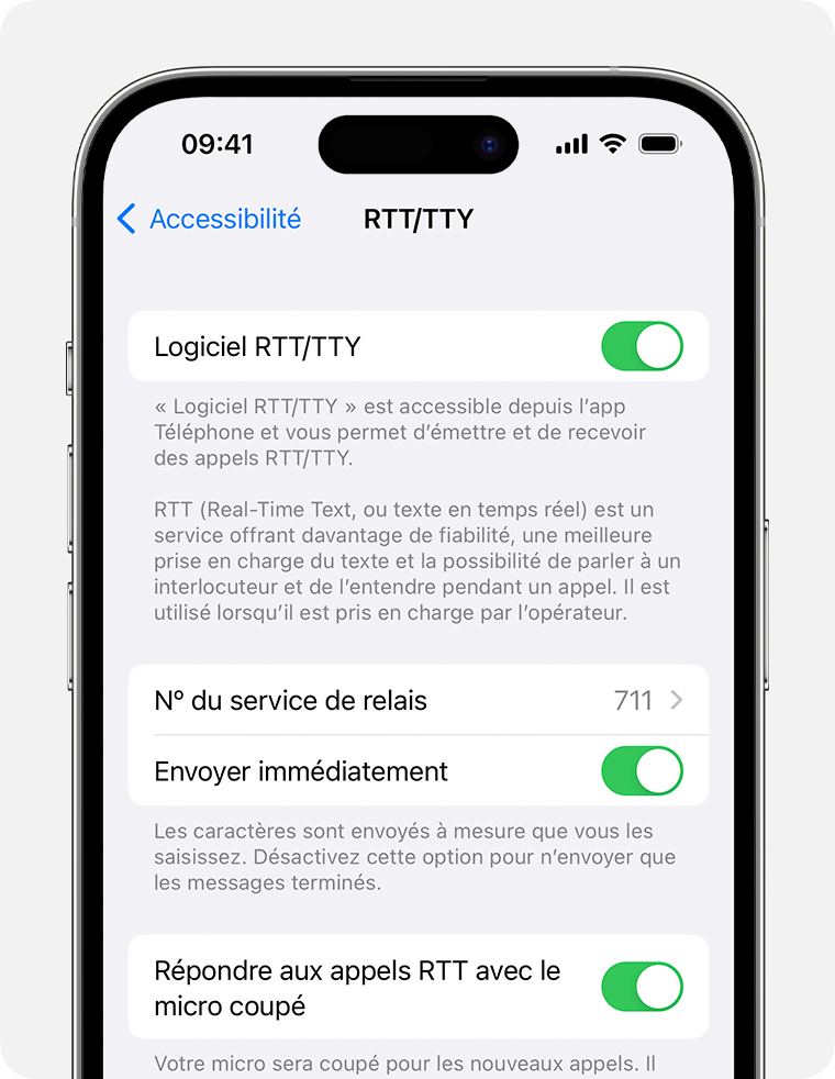 Écran d’iPhone avec l’option RTT/TTY activée