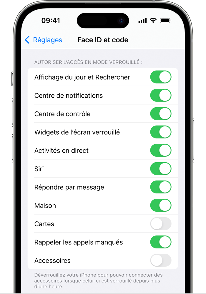 Dans les réglages « Face ID et code » sur l’iPhone, l’option « Autoriser l’accès en mode verrouillé » est désactivée par défaut pour les accessoires.