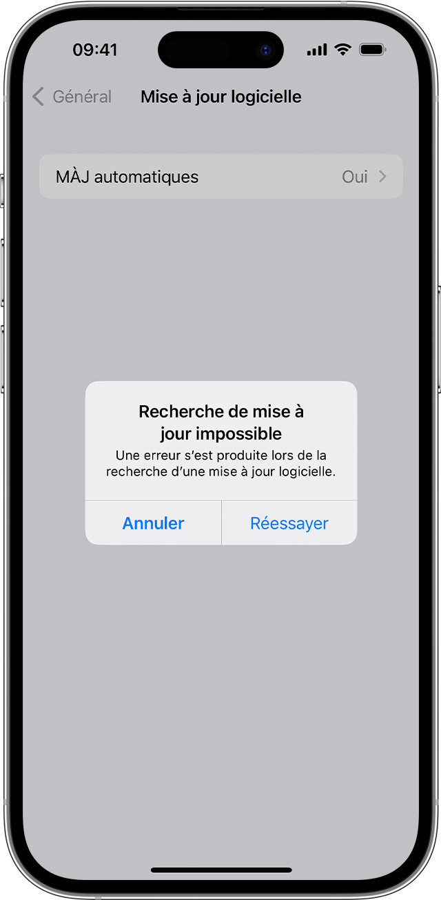 iPhone affichant l’alerte « Recherche de mise à jour impossible »