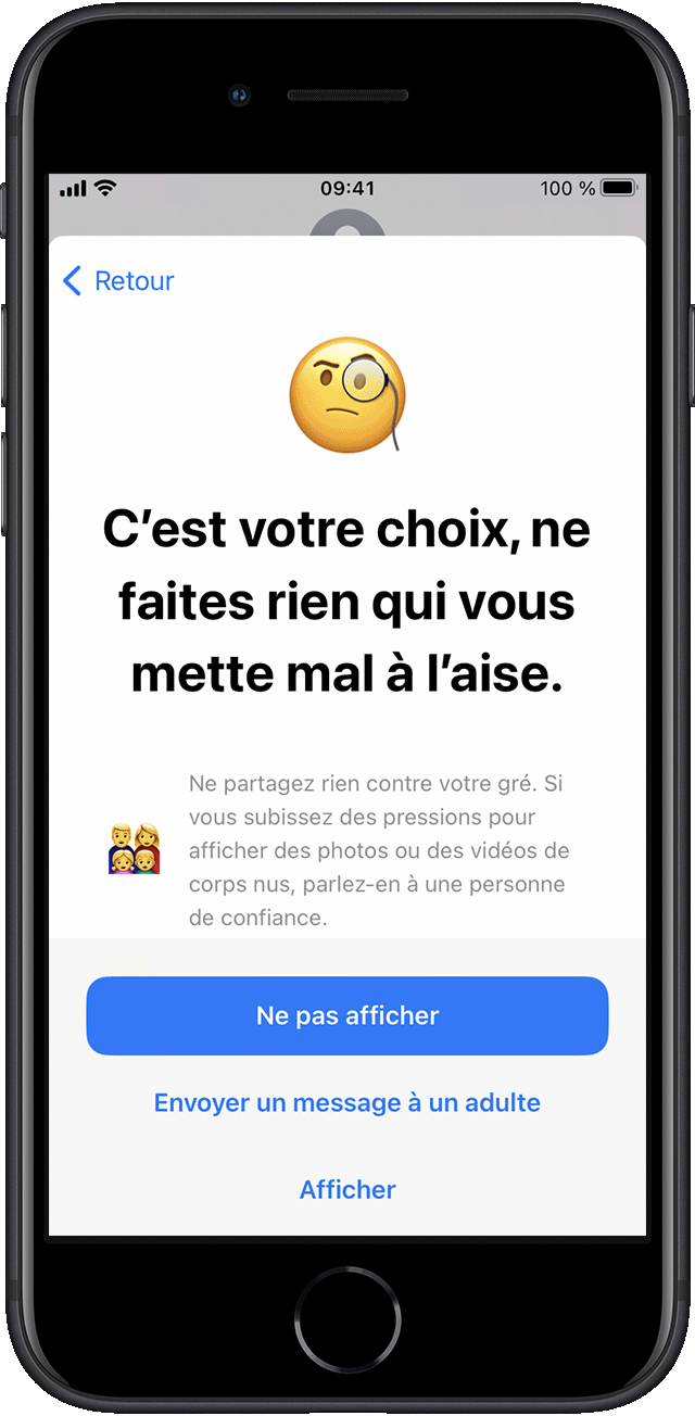 Options en cas de photos sensibles (Ne pas voir, Envoyer un message à un adulte ou Voir) dans iOS 16.