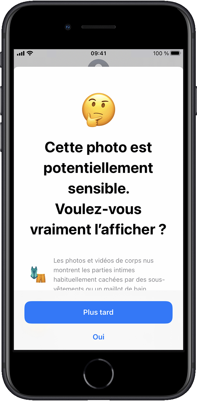 Écran d'avertissement photo sensible dans iOS.