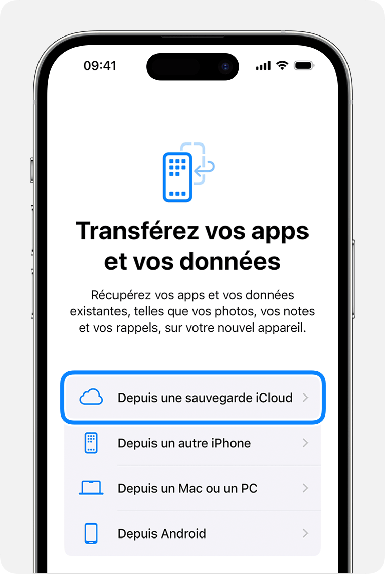 iPhone présentant l’option Depuis une sauvegarde iCloud sélectionnée