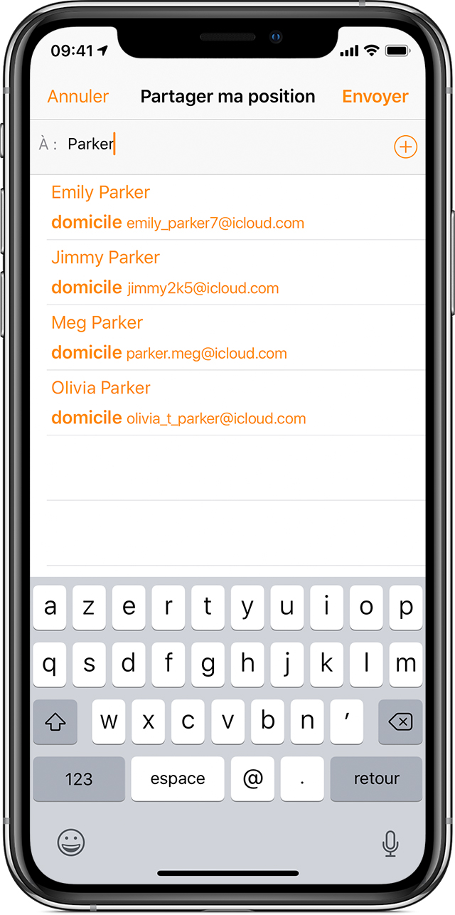 iPhone affichant l’écran « Partager ma position » et les contacts portant le nom de famille « Parker ».