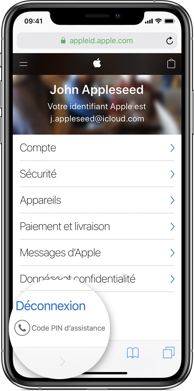 iPhone affichant les options associées à un identifiant Apple, avec l’option Code PIN d’assistance agrandie
